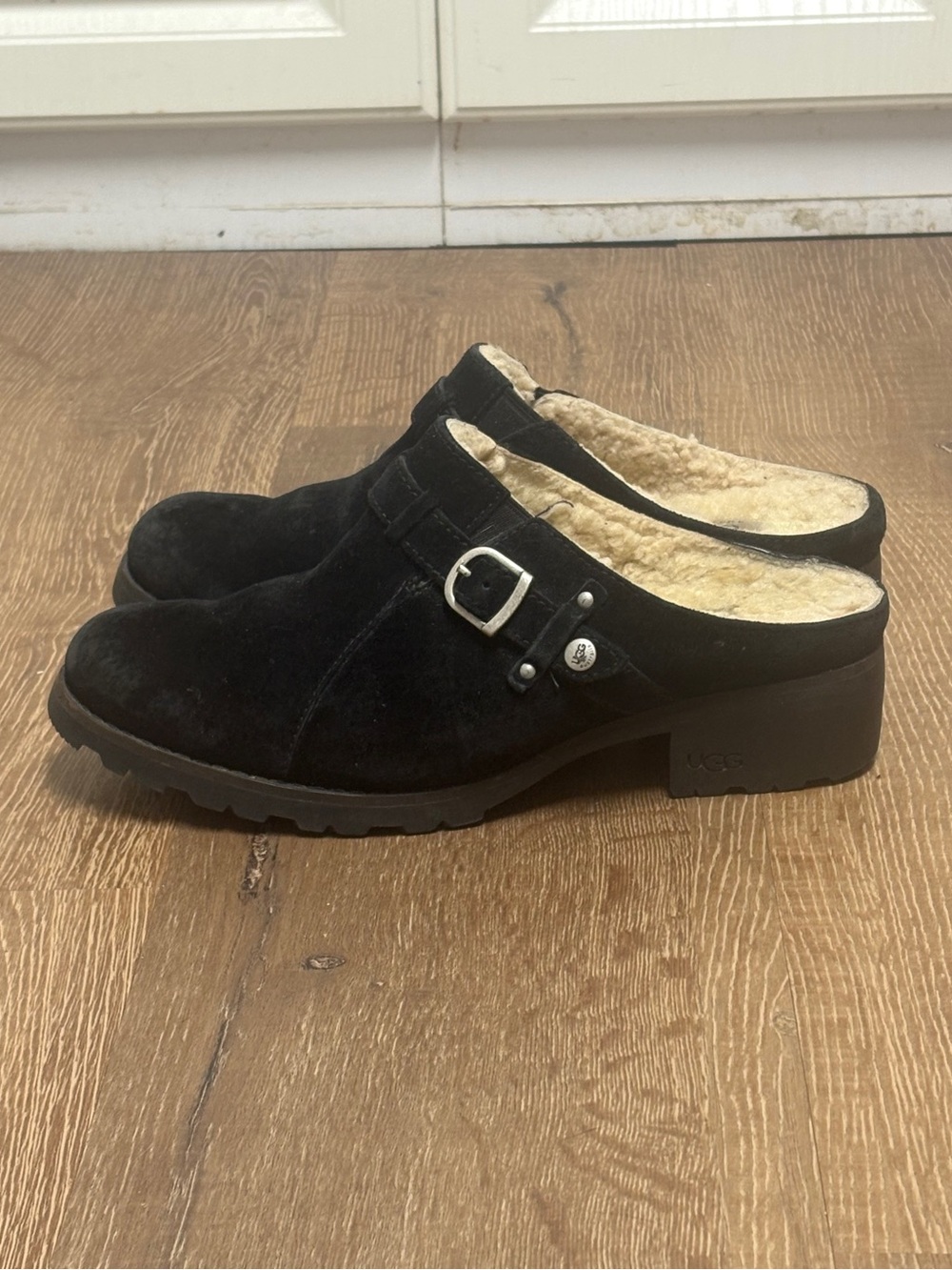 UGG Black Suede Sheepskin Lined Mule Clogs with Buckle